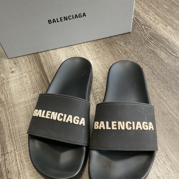 Balenciaga Black Slides with White Logo - Picture 1 of 2